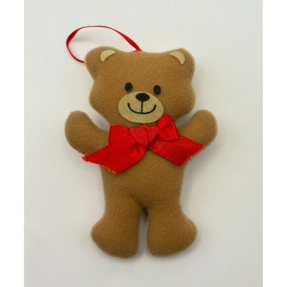 Soft Brown Teddy Bear Christmas Tree Ornament Standing Smiling with Red Bow - Picture 6 of 6